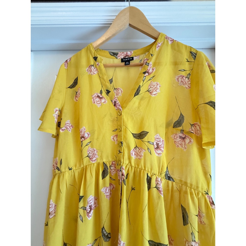 Torrid Floral Tunic Women 00 Yellow High Low Babydoll Chiffon Blouse